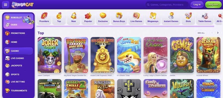RoboCat casino games page with categorized slots and live casino sections