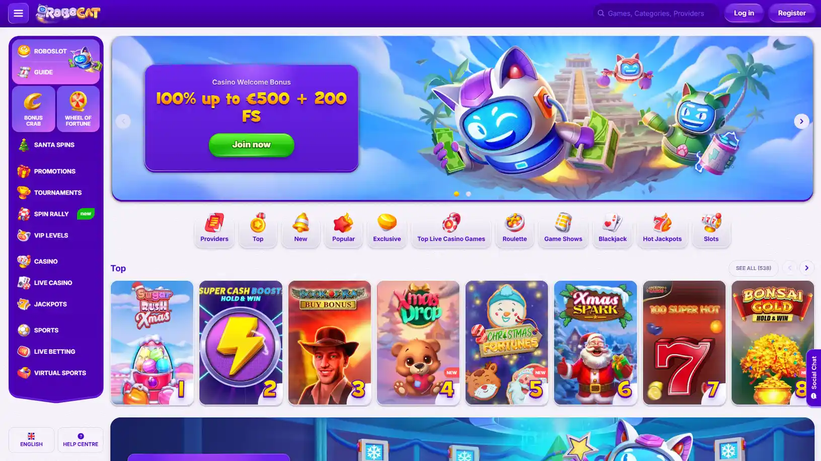 RoboCat casino homepage with featured slots welcome bonus and main navigation menu