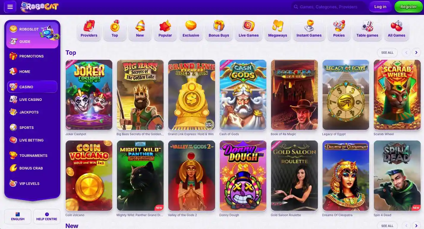 RoboCat casino games library showing slot titles from Pragmatic Play and NetEnt providers