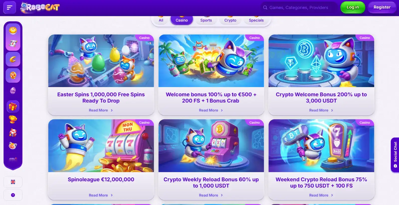 RoboCat casino promotions page showing welcome offer weekly cashback and reload bonus