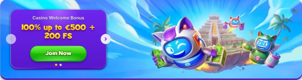 RoboCat welcome bonus banner showing 100 percent match offer and 200 free spins
