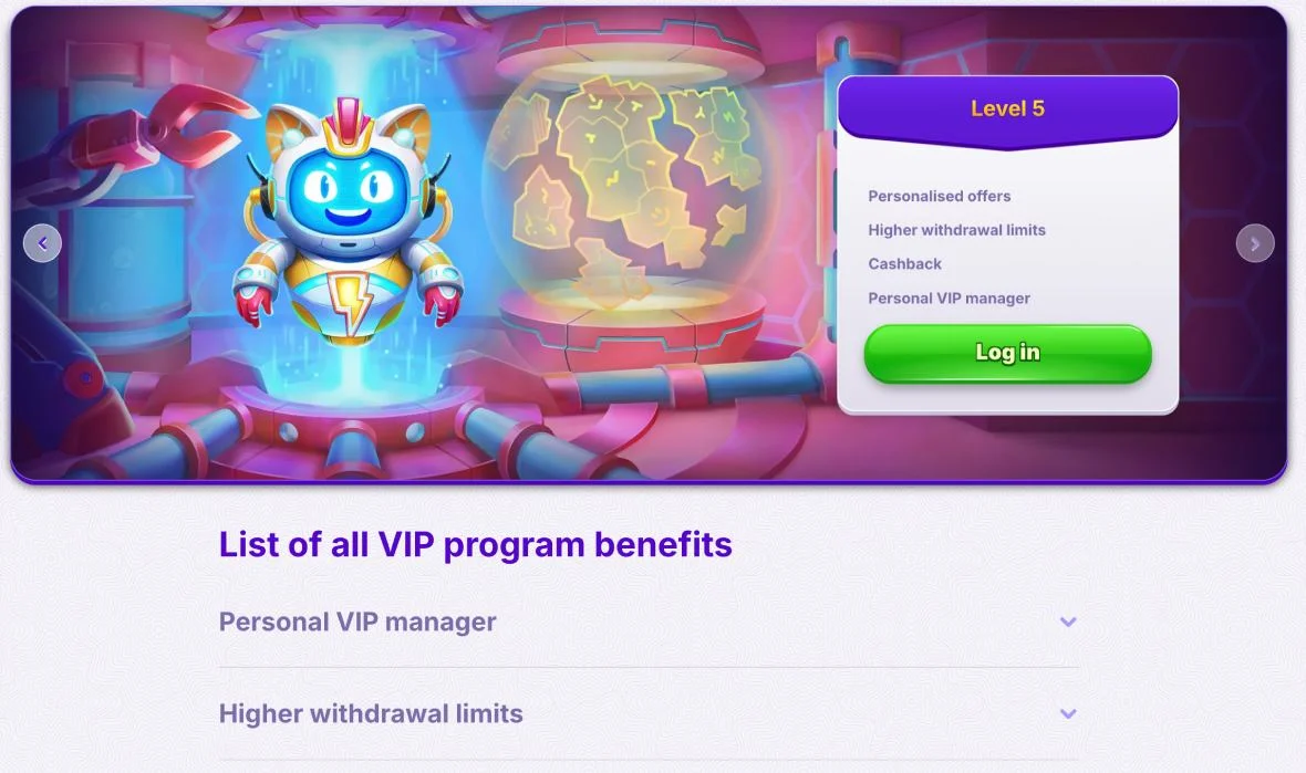 RoboCat VIP program benefits overview with seven tier levels and exclusive rewards